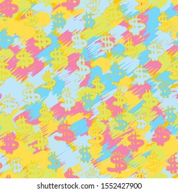 Seamless pattern in camouflage style. Pink, blue, green-yellow, yellow. Dollar sign.