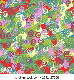Seamless pattern in camouflage style. Red, pink, blue, green, yellow. At sign.