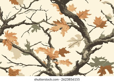 A seamless pattern of camouflage with tree branches and leaves, on a beige background, Realtree forest camouflage pattern for hunting and military uniforms, featuring realistic tree bark, branches