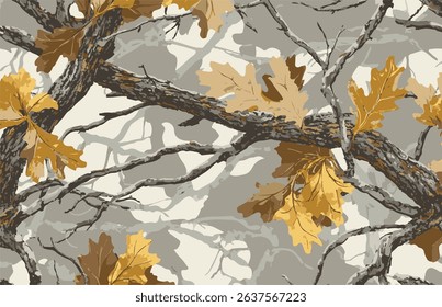 A seamless pattern of camouflage with tree branches and leaves, on a beige background, Realtree forest camouflage pattern for hunting and military uniforms, featuring realistic tree bark, branches