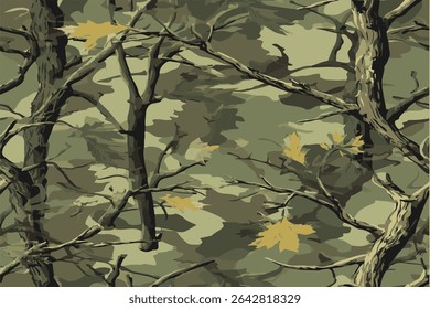 A seamless pattern of camouflage with tree branches, a camouflage design for hunting and outdoor activities. Forest real tree camouflage design. Winter hunting camouflage. Digital camo