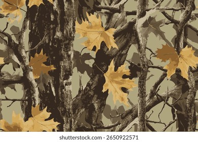 A seamless pattern of camouflage, tree branches, and leaves in earth tones with green highlights.Hunting camouflage with tree for hunting and military. Hunting camouflage seamless pattern design. 