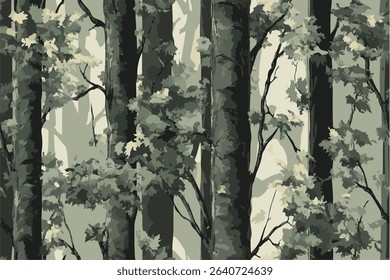 Seamless pattern of camouflage with trees and leaves, vector illustration, flat design, gray background. Hunting Camouflage, Vector illustration