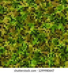 Seamless pattern. Camouflage of two textures. The first pixel texture. The second texture consists of chaos of multipath stars. Editable.