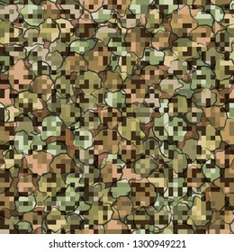 Seamless pattern. Camouflage of two textures. The first pixel texture. 
The background consists of irregular stains. Editable.