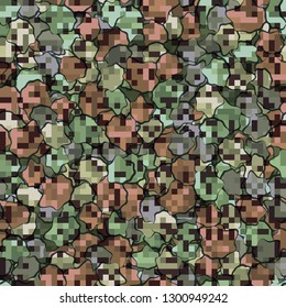 Seamless pattern. Camouflage of two textures. The first pixel texture. 
The background consists of irregular stains. Editable.