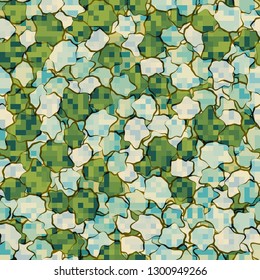 Seamless pattern. Camouflage of two textures. The first pixel texture. 
The background consists of irregular stains. Editable.