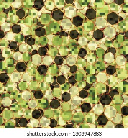 Seamless pattern. Camouflage of two textures. The first pixel texture.
The background consists of a placer of hexagons. Editable.