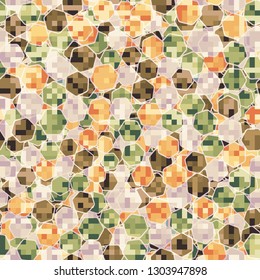 Seamless pattern. Camouflage of two textures. The first pixel texture.
The background consists of a placer of hexagons. Editable.