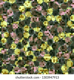 Seamless pattern. Camouflage of two textures. The first pixel texture.
The background consists of a placer of hexagons. Editable.