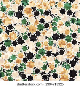 Seamless pattern. Camouflage of two textures. The first pixel texture.
The background consists of seven-pointed contour stars. Editable.