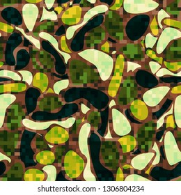 Seamless pattern. Camouflage of two textures. The first pixel texture.
The background consists of chaos of soft spots. Editable.