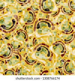 Seamless pattern. Camouflage of two textures. The first pixel texture.
Background consisting of chaos of curved figures with smooth outlines. Editable.