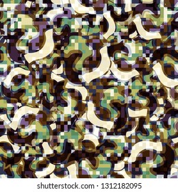 Seamless pattern. Camouflage of two textures. The first pixel texture.
Background consisting of chaos smoothly curved figures. Editable.