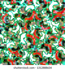 Seamless pattern. Camouflage of two textures. The first pixel texture.
Background consisting of chaos smoothly curved figures. Editable.