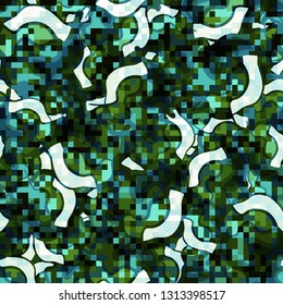 Seamless pattern. Camouflage of two textures. The first pixel texture.
Background consisting of chaos smoothly curved figures. Editable.