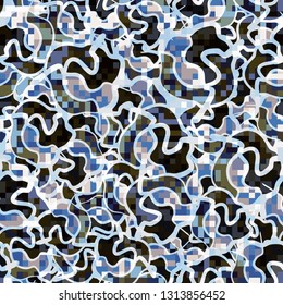 Seamless pattern. Camouflage of two textures. The first pixel texture.
Background consisting of chaos smoothly curved figures. Editable.