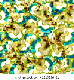 Seamless pattern. Camouflage of two textures. The first pixel texture.
Background consisting of chaos smoothly curved figures. Editable.