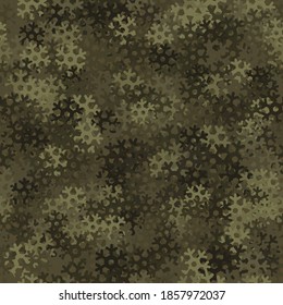 Seamless pattern camouflage. Wallpaper of snowflakes. Khaki, brown and olive halftones colored Christmas camo texture