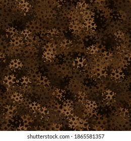 Seamless pattern camouflage. Wallpaper of snowflakes. Chocolate brown halftones colored Christmas camo texture