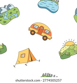 Seamless pattern with camp, travel, tent, and car in cartoon sketch style. Mountain, river, lake, and campground doodle add color element for outdoor adventure, perfect for summer holiday art.
