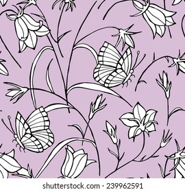 Seamless Pattern Campanula & Butterfly Black & White