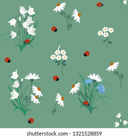 Seamless pattern of campanula flowers, chamomile , cornflowers and ladybug on green background. Vintage style. Vector stock.