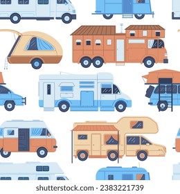 Seamless pattern with camper van, trailer, hindcarriage. Transportable caravan dwellings for road travel, journey vector illustration. Mobile cabin house, outdoor summer RV leisure and road trip