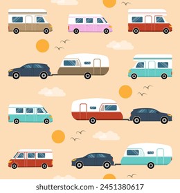 Seamless pattern with campers, motor homes, caravans and travel vans.