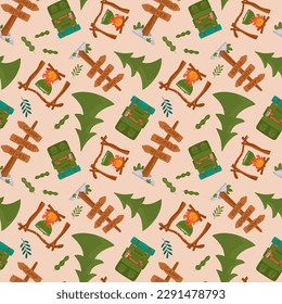 Seamless pattern with a campfire, pointers, a fir tree, a hiking backpack. Background for camping, travel, trip, hiking, nature, travel, picnic. Vector illustration in a flat style.
