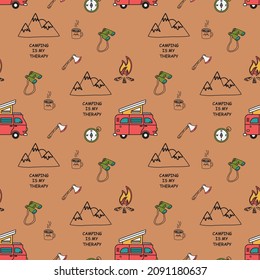 Seamless pattern, camping concept. Retro hand-drawn vector. For printing on T-shirts, posters and other purposes.
