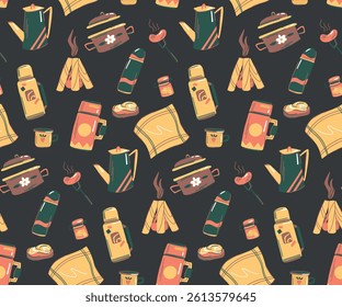 Seamless pattern with camping and cooking items on dark background, food, campfire, thermos