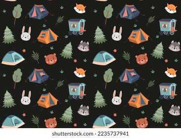 Seamless pattern with camping. Design element for printing on fabric. Forest with animals, tent, bear and hare. Wildlife, nature and outdoor. Poster or banner. Cartoon flat vector illustration