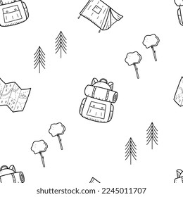 Seamless Pattern Camping doodle icons set. Vector illustration of hiking elements.