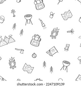 Seamless Pattern Camping doodle icons set. Vector illustration of hiking elements.