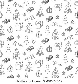 Nahtloses Muster Camping Doodle Stil. Schwarz-weiße Linien. Handgezeichnet. Für Textilien, Kleidung, Hintergründe, Postkarten. Reise-, Wander- und Campingkonzept. Vektorgrafik.