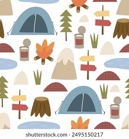 Seamless pattern with camping elements. Colorful vector flat style. hand drawing. design for fabric, print, wrapper, textile
