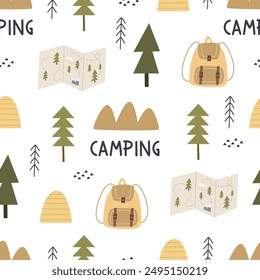 Seamless pattern with camping elements. Colorful vector flat style. hand drawing. design for fabric, print, wrapper, textile
