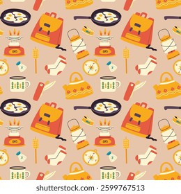 Seamless pattern with camping elements. Nature recreation, tourism and adventure.