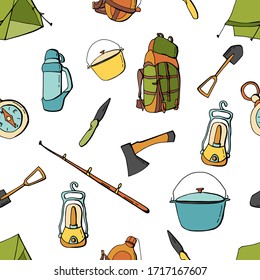 Seamless pattern with camping elements on a white background. Cartoon style. Stock illustration. Design for wallpaper, fabric, textile, packaging, website.
