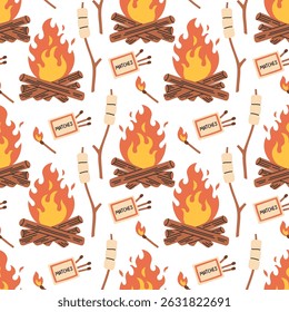 Seamless pattern with camping elements on white background. Colorful vector flat style. Hand drawn design for fabric, print, wrapper, textile