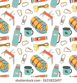 Seamless pattern with camping elements on white background. Colorful vector flat style. Hand drawn design for fabric, print, wrapper, textile