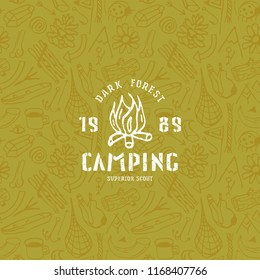 Seamless pattern and camping emblem in the style of hand-drawn graphics 