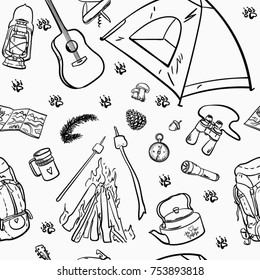 Seamless pattern with camping equipment. Hand drawn line art vector illustration.