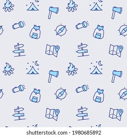 Seamless pattern with camping equipment. Isolated travel and picnic equipment on blue background. Vector illustration for wallpaper.