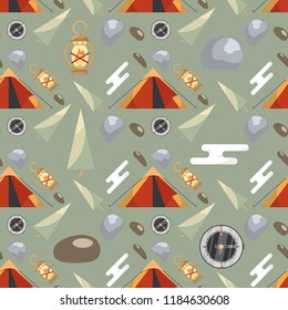 Seamless pattern with camping equipment and nature elements on a green background: tents, spruces, lanterns, clouds, compasses, stones. Flat cartoon style vector illustration.