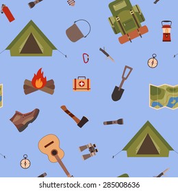 Seamless pattern camping equipment symbols and icons made in vector