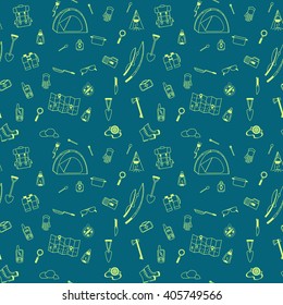 Seamless Pattern of Camping equipment. Travel and explore concept. Lined icons with tent. Vector illustration