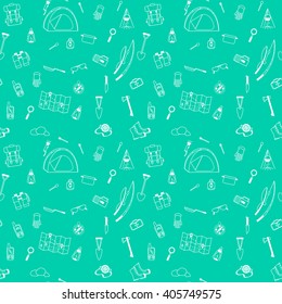 Seamless Pattern of Camping equipment. Travel and explore concept. White lined icons on green. Vector illustration