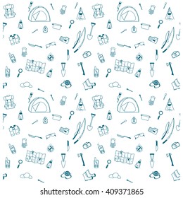 Seamless Pattern of Camping equipment. Travel and explore concept. Lined icons with tent. Vector illustration